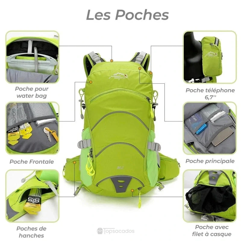 Sac à dos 20 L randonnée vert fluo avec schéma annoté des multiples poches : casque, eau, téléphone, hanche et frontale