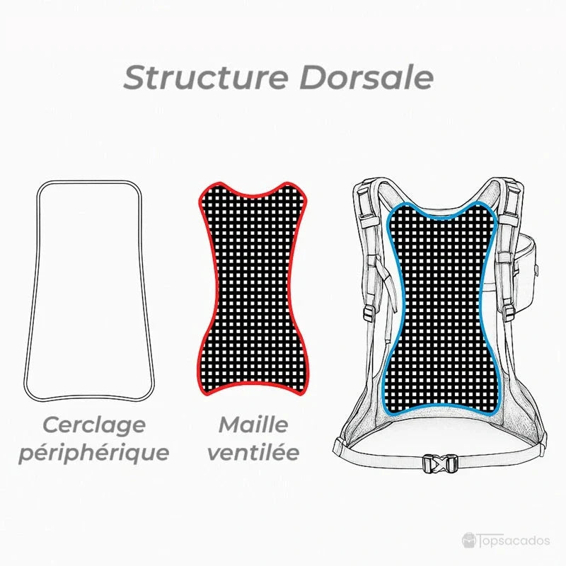 Sac à dos 20 L randonnée schéma technique de la structure dorsale avec maille ventilée et armature en métal