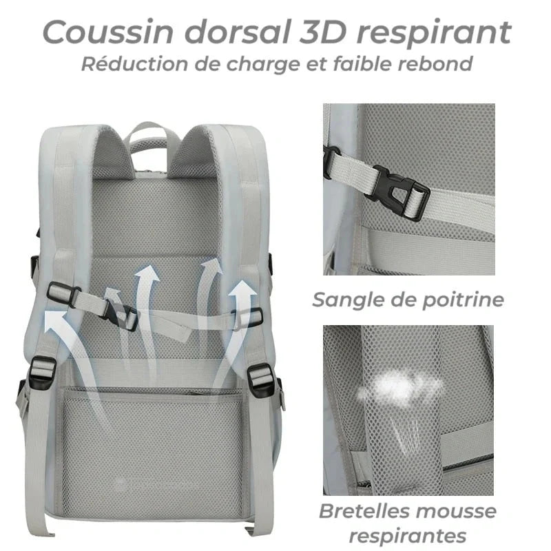 Sac à dos 25l gris vu de dos avec coussin dorsal 3D respirant et sangle de poitrine, sur fond blanc