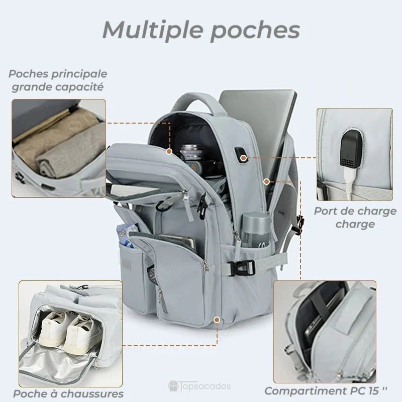 Sac à dos 25l gris ouvert montrant ses nombreuses poches, compartiment PC, rangement chaussures et port de charge USB