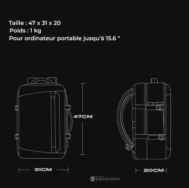 Sac Ă dos 30 litres avec port usb â Dimensions illustrĂ©es en schĂ©ma technique : 47 x 31 x 20 cm, adaptĂ© aux ordinateurs 15.6 pouces