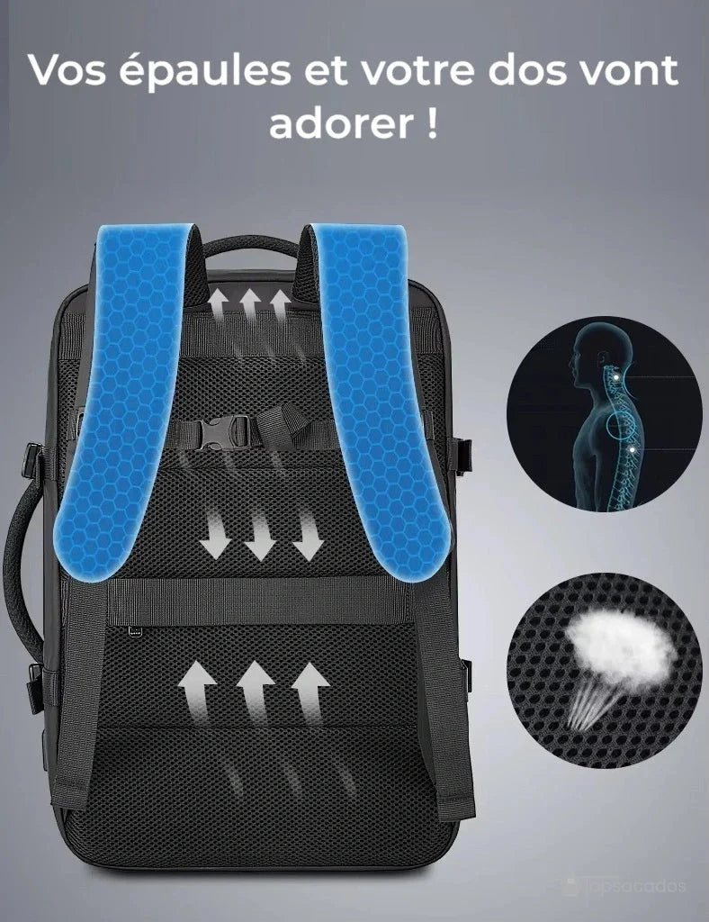 Sac Ă dos 30 litres avec port usb â Vue arriĂšre avec bretelles bleues en gel et dossier aĂ©rĂ© favorisant le confort des Ă©paules et du dos