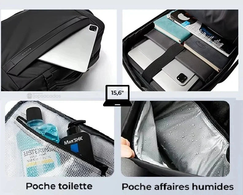 Sac Ă dos 30 litres avec port usb â Vue en dĂ©tail des poches internes : compartiment ordinateur, poche toilette et rangement impermĂ©able pour affaires humides