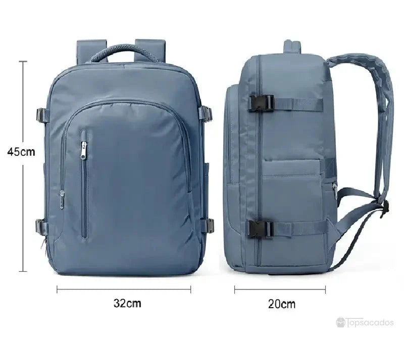 Sac à dos 30 litres vu de face et de profil, avec mesures de 45 cm de hauteur, 32 cm de largeur et 20 cm de profondeur indiquées