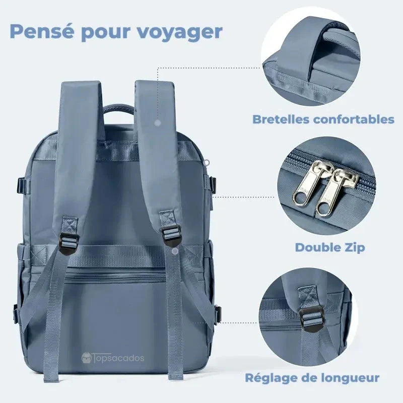 Sac à dos 30 litres vu de dos avec bretelles confortables, doubles fermetures zippées et réglage des sangles illustrés