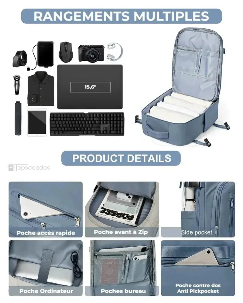 Sac à dos 30 litres ouvert montrant de nombreux rangements internes, adaptés aux accessoires tech et documents