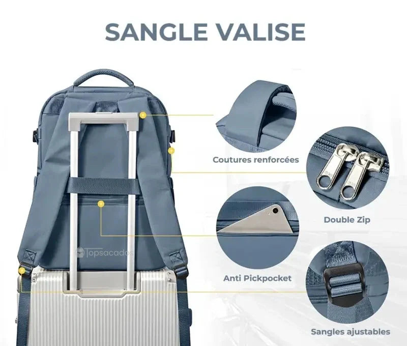 Sac à dos 30 litres fixé sur une valise avec sangle dédiée, détails visibles des coutures, fermetures et poche antivol