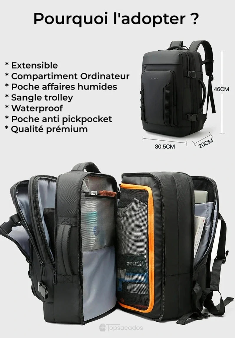 Sac à dos 40L avec compartiments ouverts, illustrant sa capacité extensible, son espace ordinateur et ses poches de rangement pratiques.