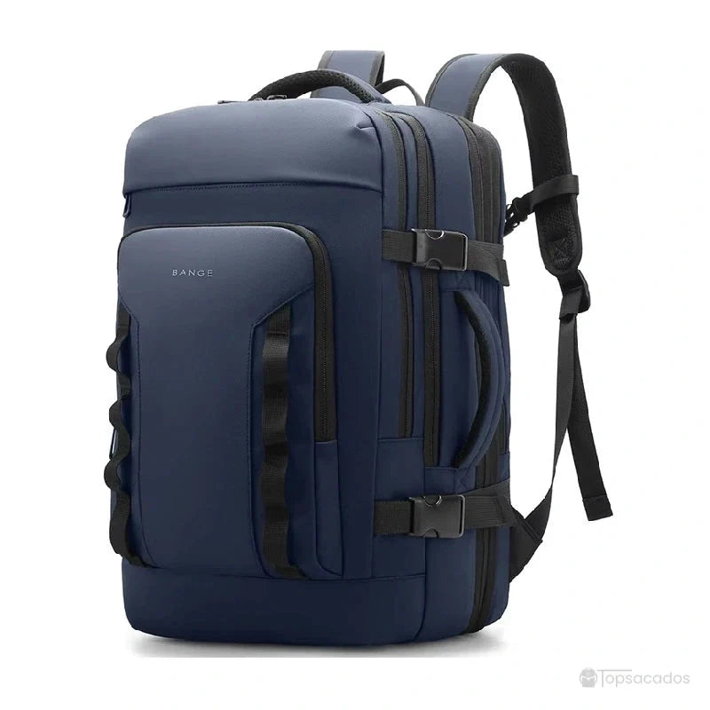 Sac à dos 40L bleu marine avec poignées renforcées et multiples fermetures éclair, parfait pour un usage professionnel ou urbain.