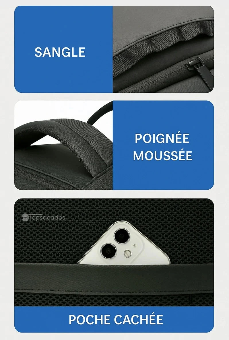 Sac à dos 40L vu en détail avec poignée moussée, sangles solides et poche anti-vol arrière pour smartphone.