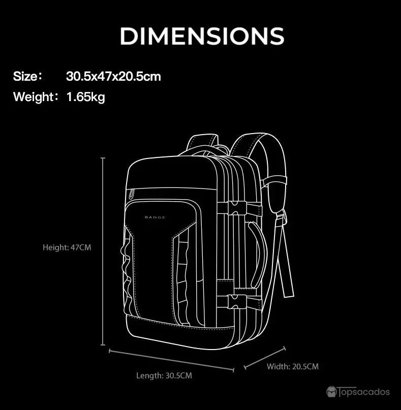 Sac à dos 40L schéma technique avec dimensions 30.5x47x20.5 cm et poids 1.65 kg, affiché sur fond noir.