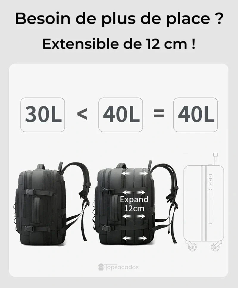 Sac à dos 40L extensible de 12 cm passant de 30L à 40L, démontrant sa capacité évolutive pour les longs séjours.