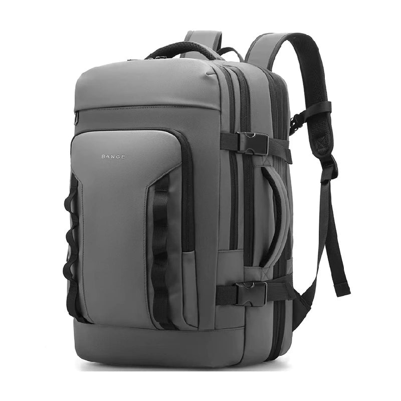 Sac à dos 40L gris élégant avec poches zippées multiples et tissu déperlant, conçu pour les déplacements intensifs.