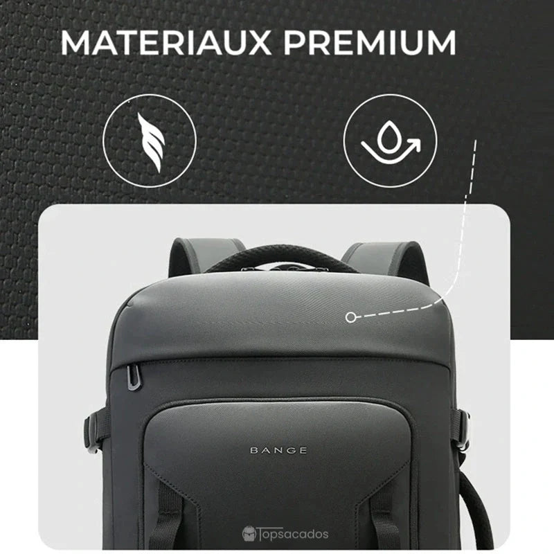 Sac à dos 40L noir avec focus sur les matériaux : sangle robuste, poignée moussée ergonomique et poche cachée arrière.