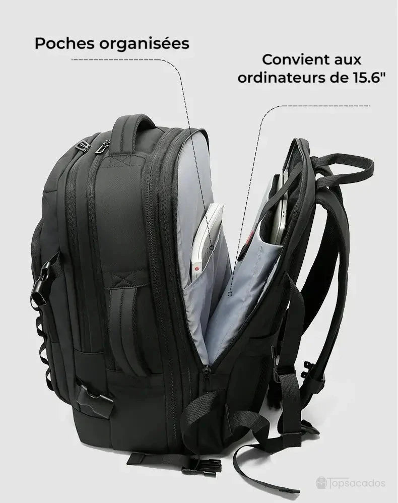 Sac à dos 40L ouvert avec compartiments bien organisés, compatible avec les ordinateurs portables jusqu’à 15.6 pouces.