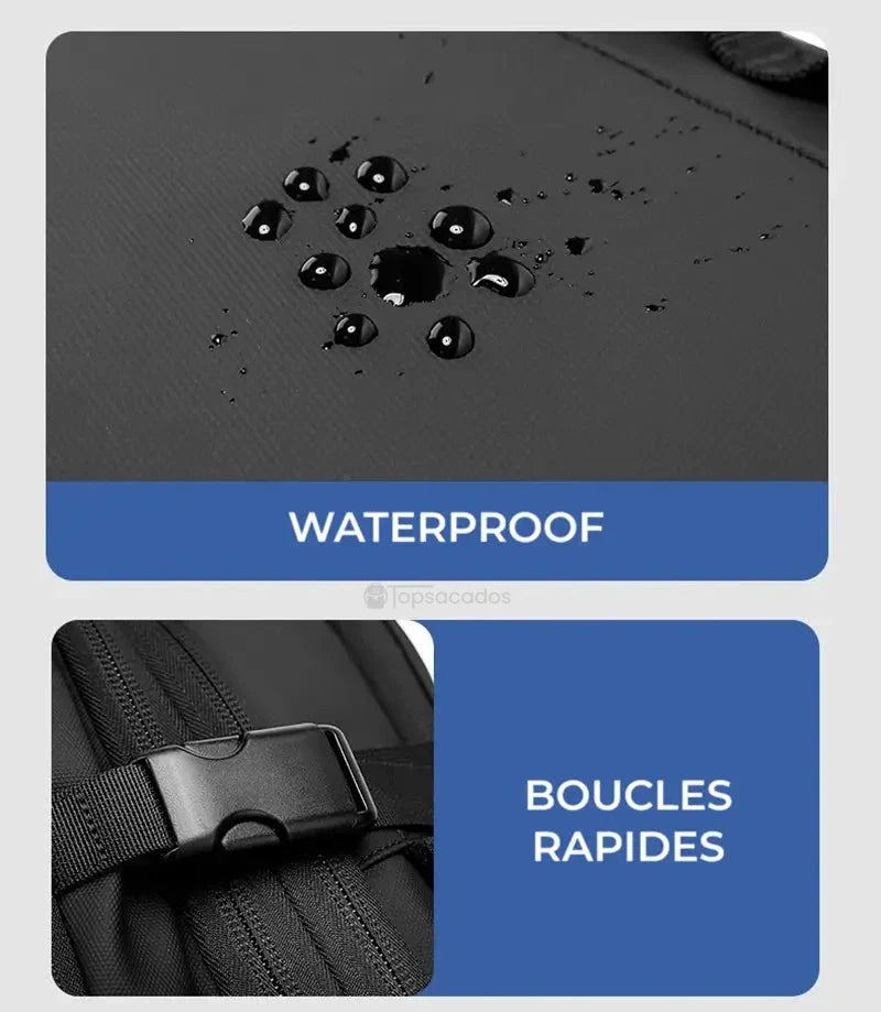 Gros plan sur le tissu waterproof du sac à dos 40L avec gouttes d’eau et boucle rapide pour une fermeture efficace.