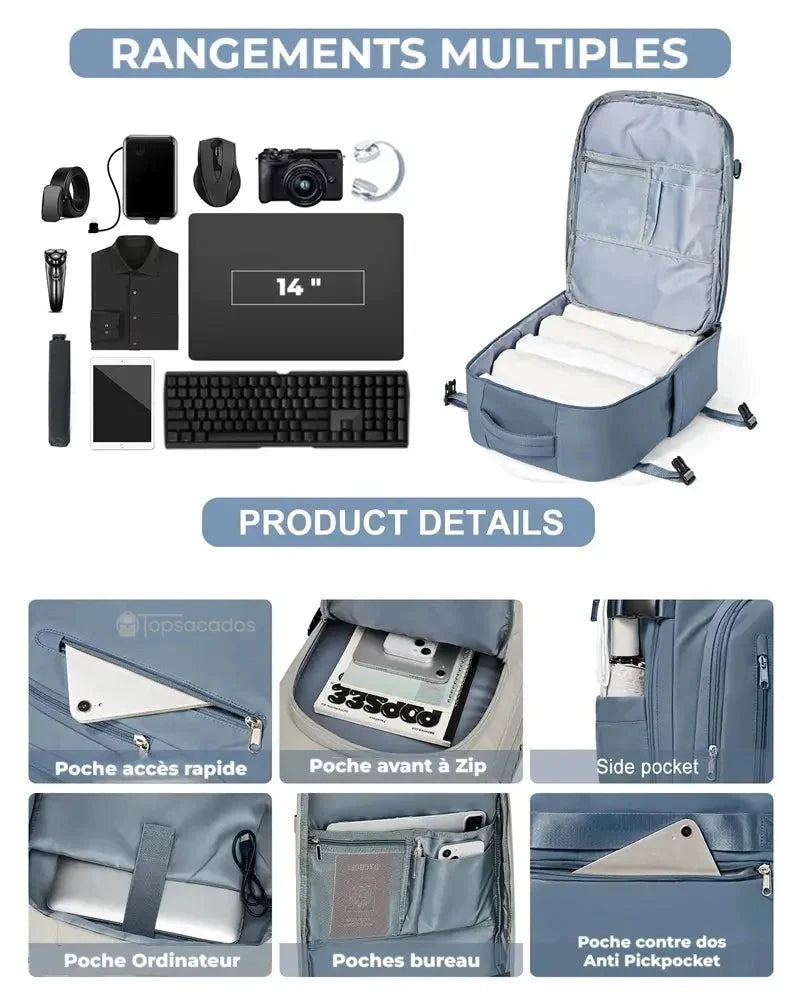 Sac à dos 40x20x25 ouvert avec affichage de rangements multiples : poche ordinateur, poche antivol, poche frontale et rangements de bureau.