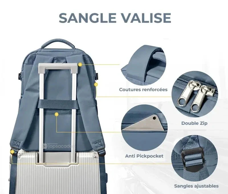 Sac à dos 40x20x25 fixé à une valise grâce à une sangle arrière, avec zoom sur zip double, coutures renforcées et poche antivol intégrée.