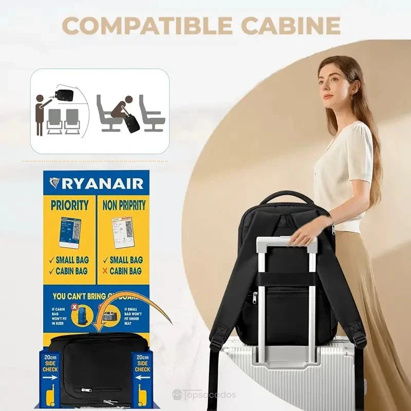 Sac à dos 40x20x25 placé sur valise avec signalétique Ryanair en fond, démontrant sa compatibilité cabine pour embarquement prioritaire.