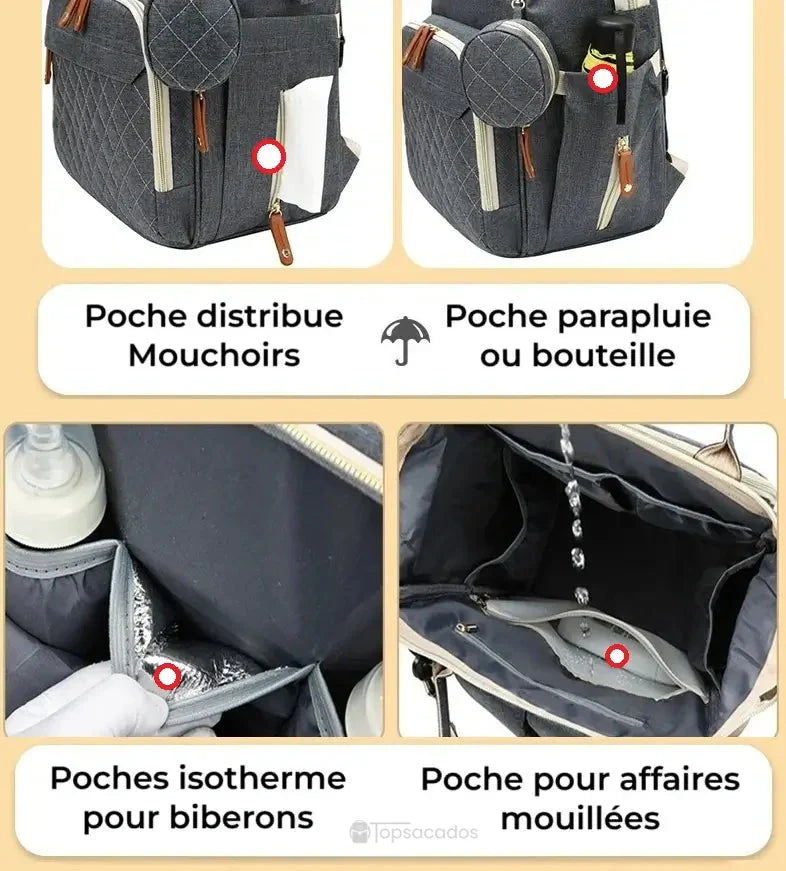 Sac à dos à langer avec port usb présentant une poche isotherme argentée pour biberons et une poche étanche pour affaires mouillées, sur fond beige.