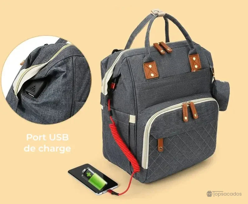 Sac à dos à langer avec port usb en démonstration de recharge via câble rouge relié à un téléphone, avec vue rapprochée du port sur le côté, sur fond beige.