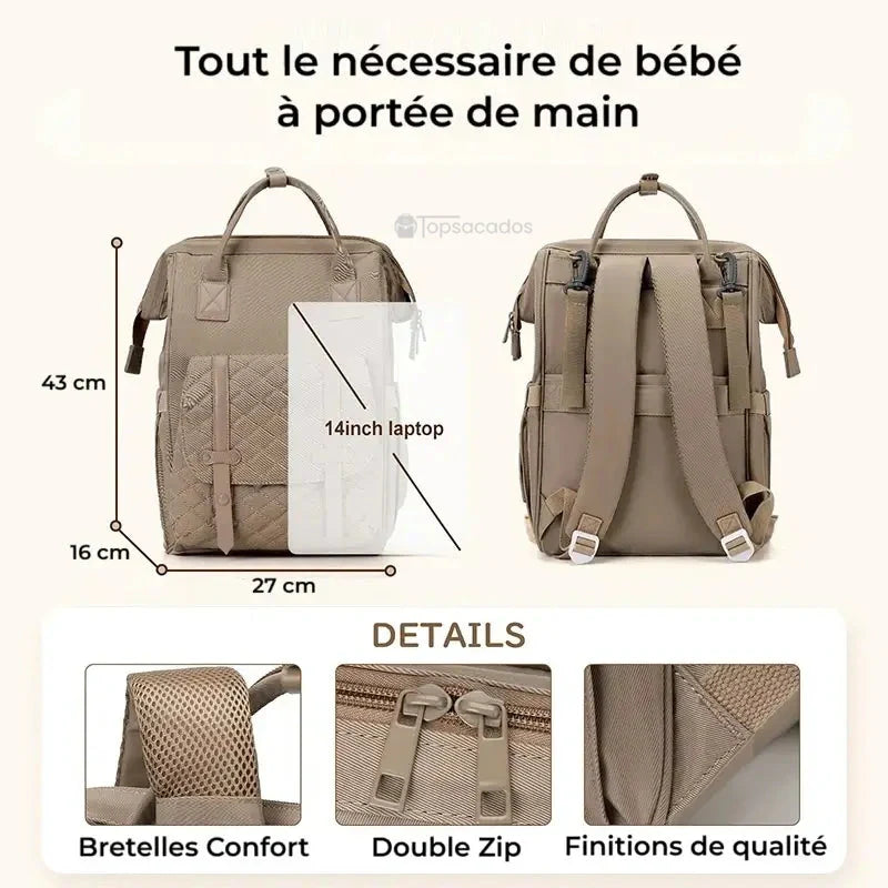 Sac à dos à langer multifonctions marron vu de face et de dos, avec mesures, bretelles confortables, double fermeture éclair et finitions renforcées.
