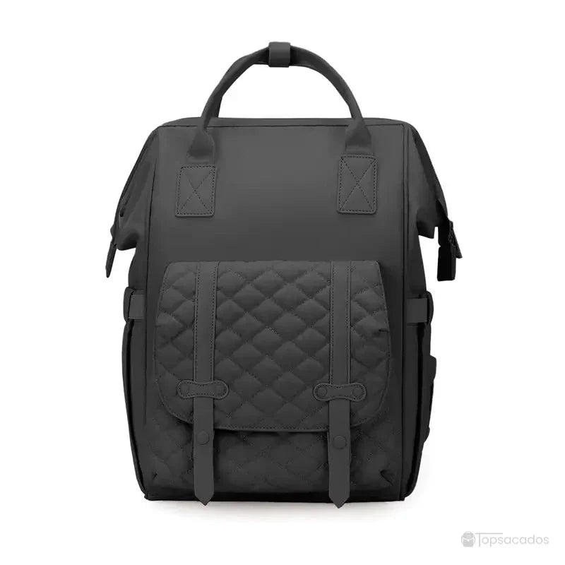 Sac à dos à langer multifonctions gris foncé avec design matelassé sur fond blanc, conçu pour un transport pratique et sécurisé des affaires de bébé.