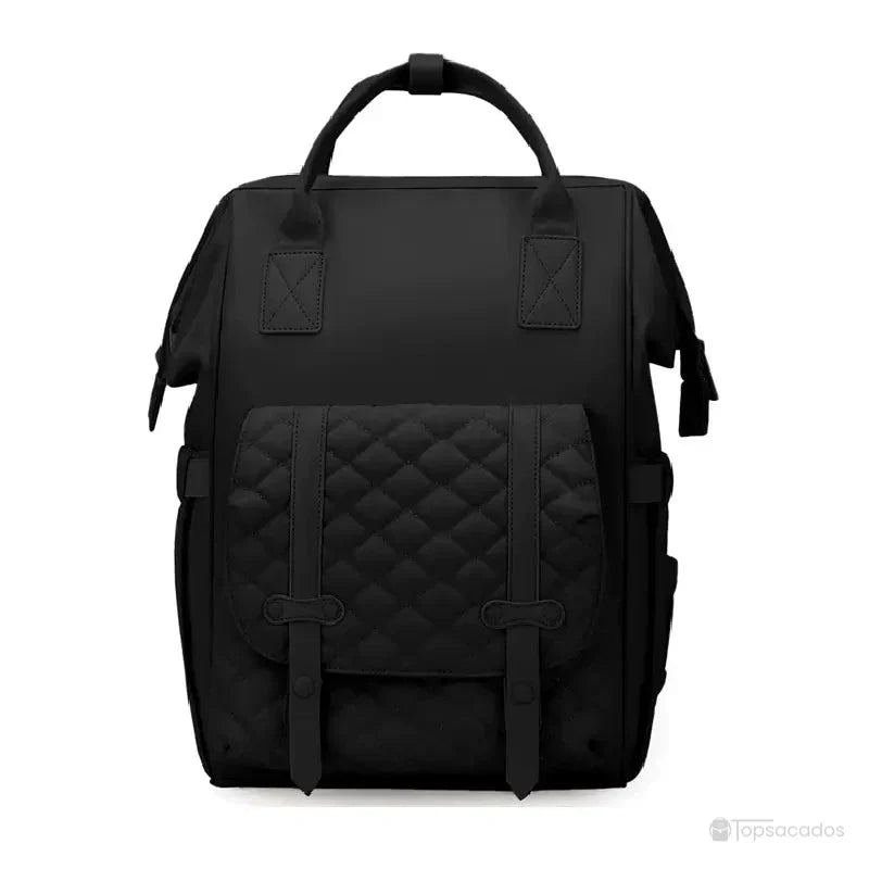 Sac à dos à langer multifonctions noir au design moderne et matelassé, parfait pour un look sobre et une organisation optimale au quotidien.