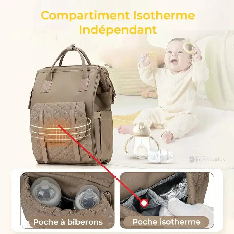 Sac à dos à langer multifonctions avec poche isotherme pour biberons, présenté avec un bébé souriant sur un fond doux, mettant en avant la fonctionnalité thermique.
