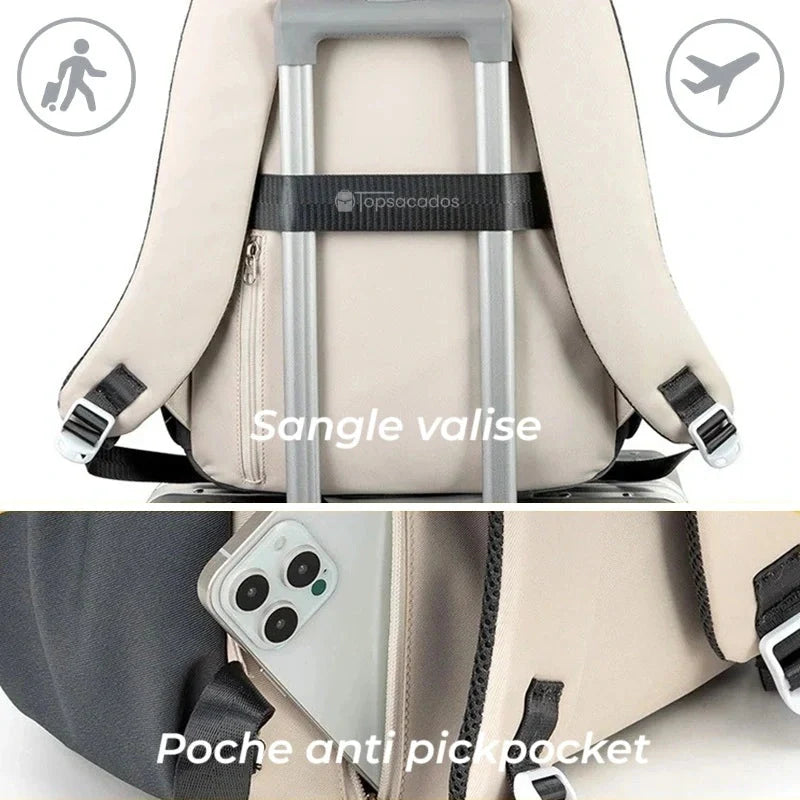 Sac à dos ado fixé à une valise avec une sangle arrière et une poche cachée pour smartphone, idéal pour les voyages