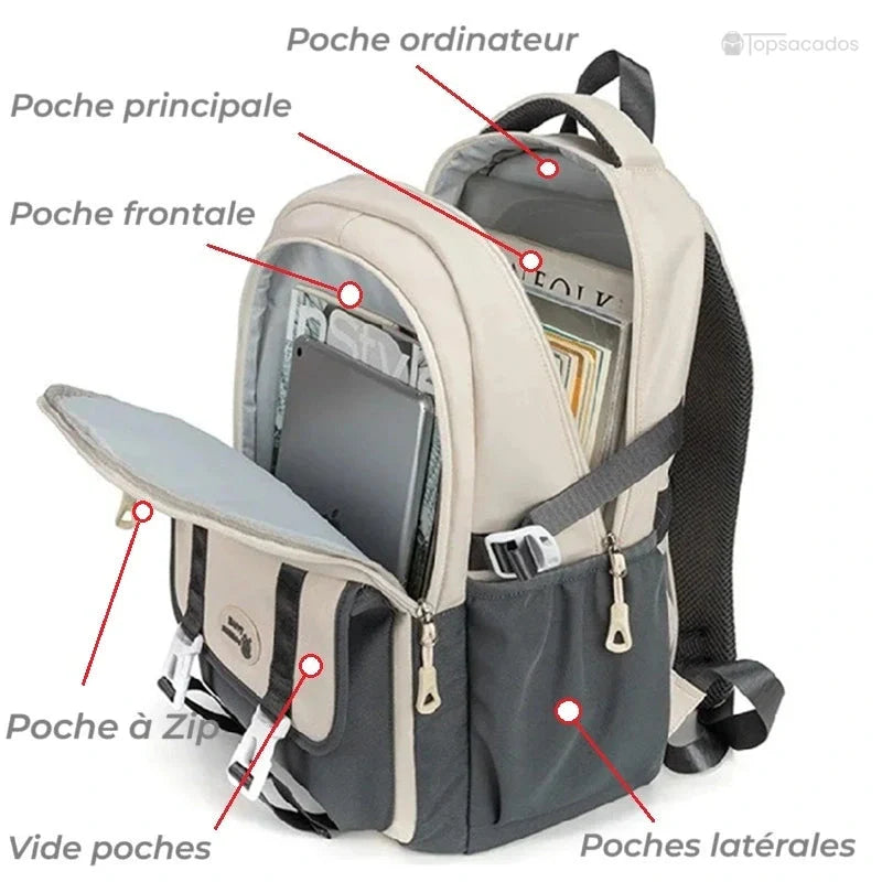 Sac à dos ado ouvert avec vue détaillée des compartiments : poche principale, ordinateur, frontale, latérales et vide-poches