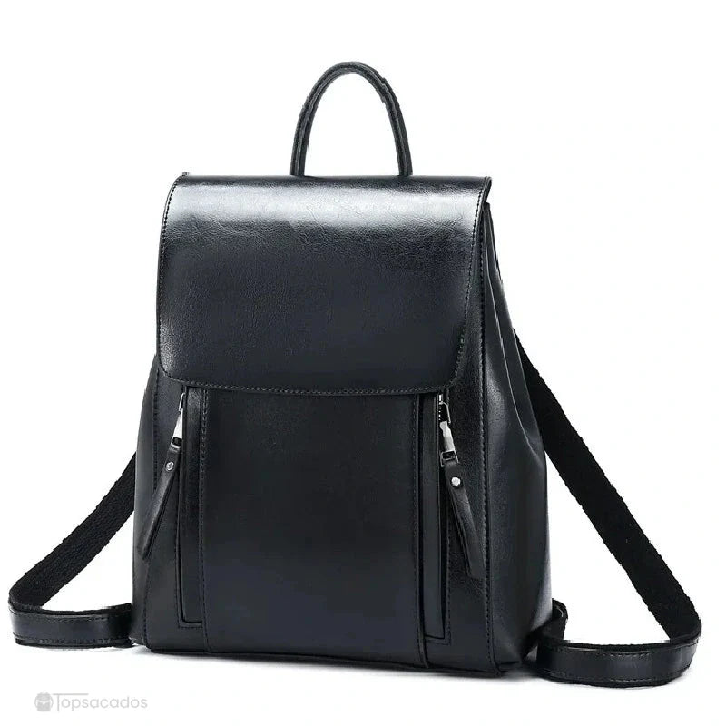 Sac à dos antivol Femme cuir noir moderne avec effet texturé, bretelles larges et fermeture rabattable.