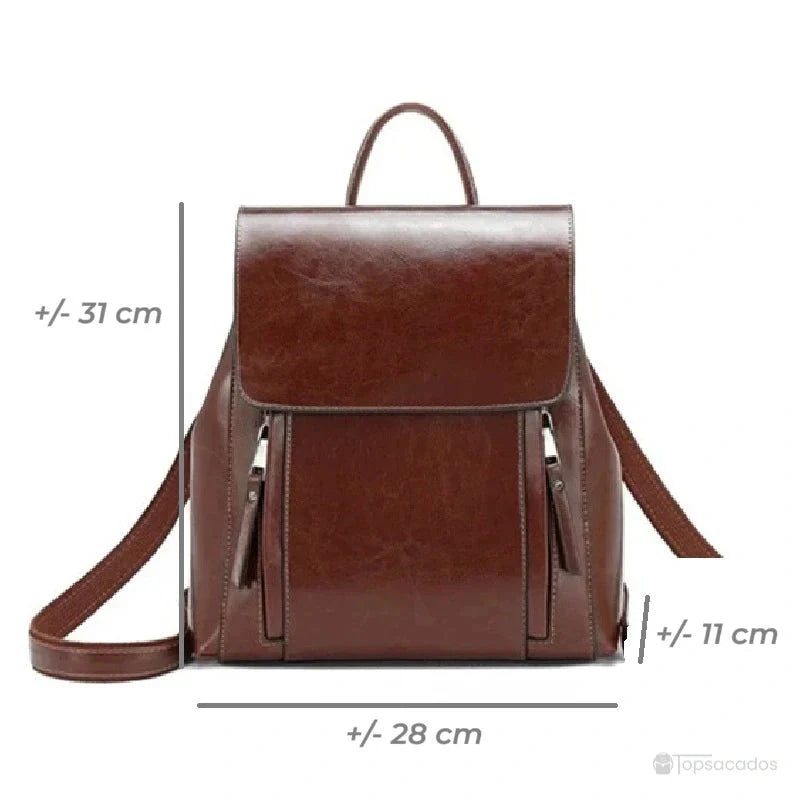 Sac à dos antivol Femme cuir marron foncé avec mesures annotées, affichant la hauteur, la largeur et la profondeur du sac.