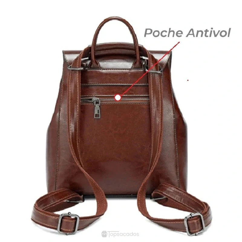 Sac à dos antivol Femme cuir marron vu de dos, mettant en évidence une poche antivol zippée située contre le dos.