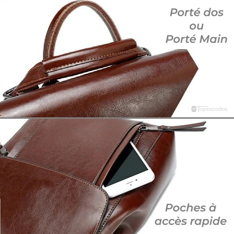 Sac à dos antivol Femme cuir marron avec anses renforcées et poche extérieure à fermeture éclair contenant un smartphone.