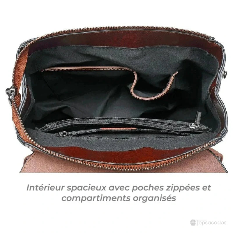Sac à dos antivol Femme cuir intérieur spacieux avec poches zippées noires et compartiments organisés.
