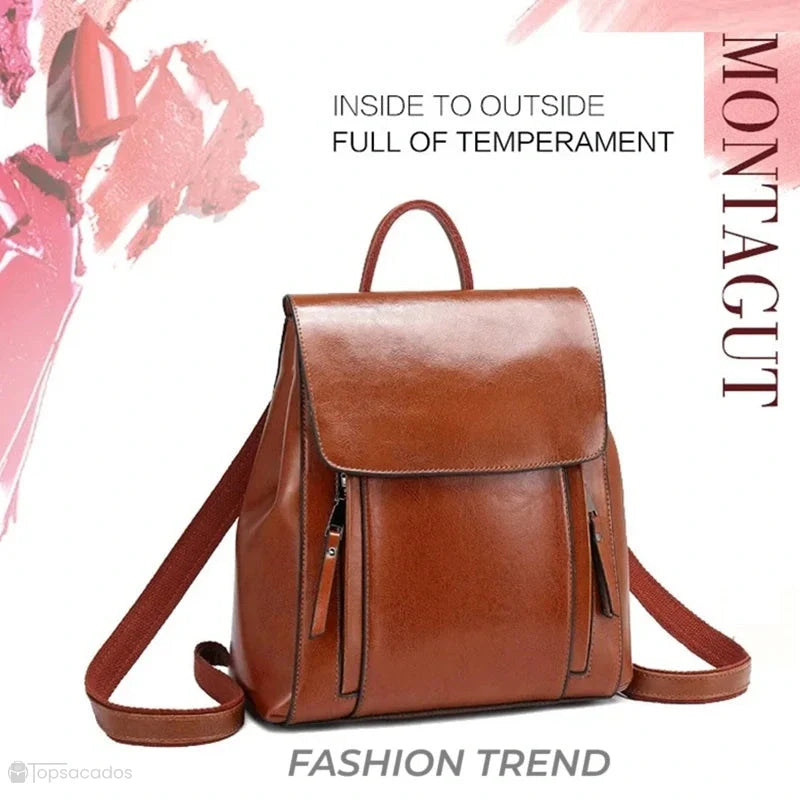 Sac à dos antivol Femme cuir marron clair mis en scène avec fond maquillage et slogan promotionnel sur la tendance de mode.