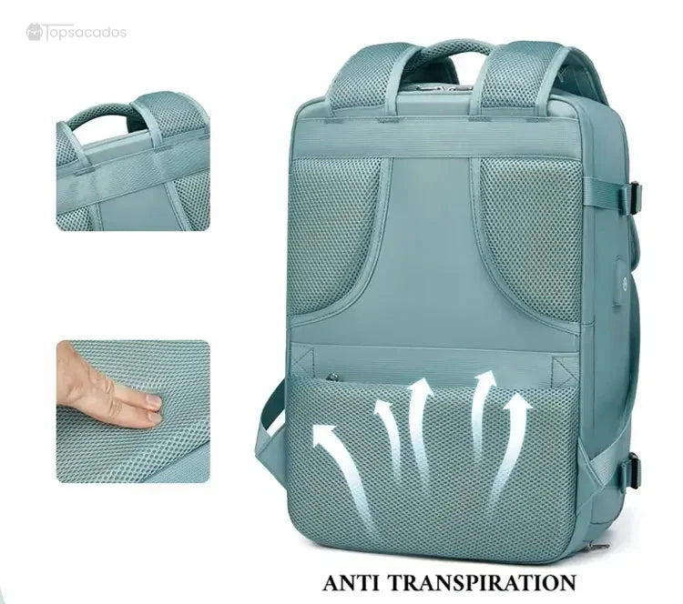 Sac a dos avion avec dos aéré anti-transpiration, bretelles épaisses et flèches montrant la circulation d’air pour plus de confort.