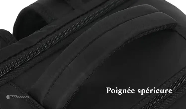 Sac a dos avion noir avec poignée supérieure renforcée, pratique pour un port à la main en complément des bretelles.