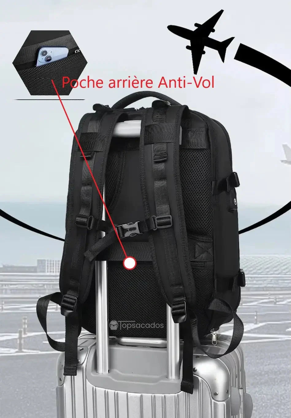 Sac a dos avion noir équipé d'une poche anti-vol au dos et d'une sangle de fixation pour valise trolley, parfait pour les voyageurs fréquents.