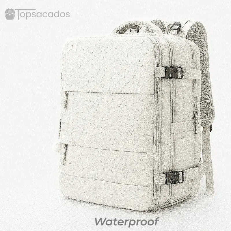 Sac a dos avion noir waterproof avec revêtement déperlant illustré par des éclaboussures d’eau à sa base, parfait pour voyager même sous la pluie.
