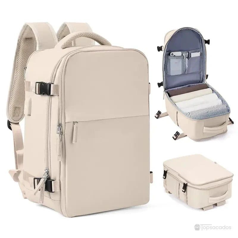 Sac à dos bagage à main marron clair, compatible cabine, avec pochette de toilette incluse