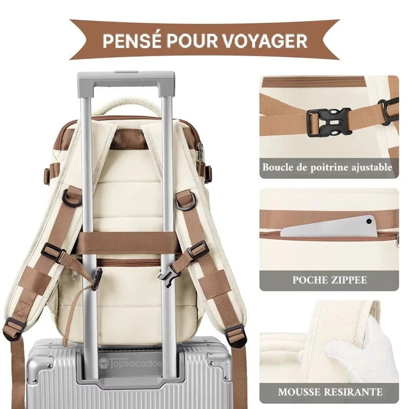 Vue arrière du sac à dos bagage à main avec bretelles ergonomiques, mousse respirante et passant valise.