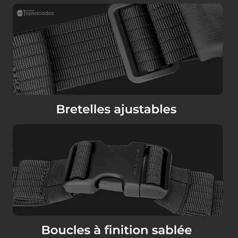 Sac à dos bandoulière avec focus sur les bretelles ajustables et boucle de sécurité à finition sablée.