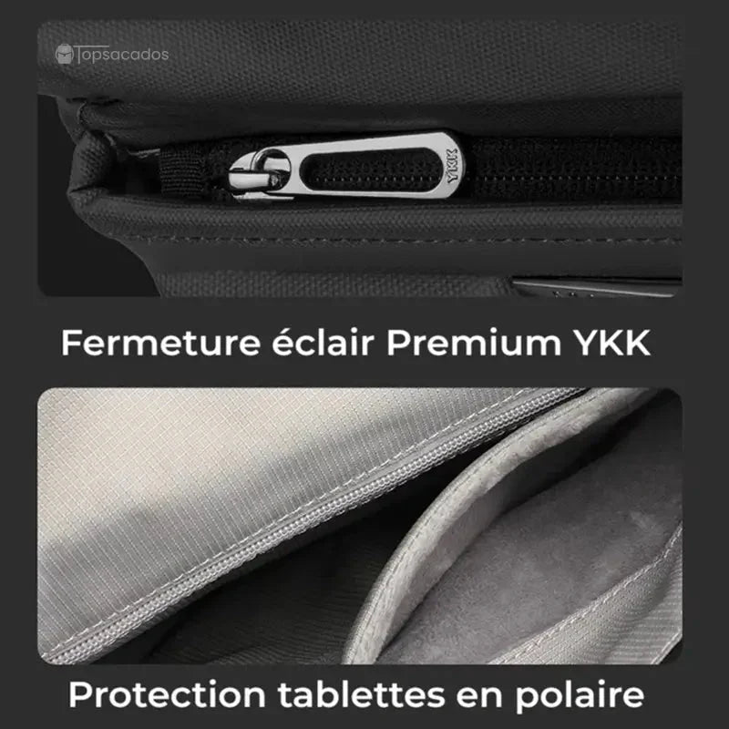 Sac à dos bandoulière avec fermeture éclair YKK et doublure intérieure molletonnée pour tablette.