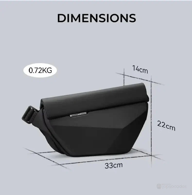 Sac à dos bandoulière noir avec dimensions 33x22x14 cm et poids 0,72 kg affichées sur fond gris.