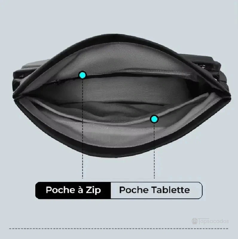 Sac à dos bandoulière vu de dessus avec compartiment intérieur composé d’une poche à zip et d’un espace tablette.