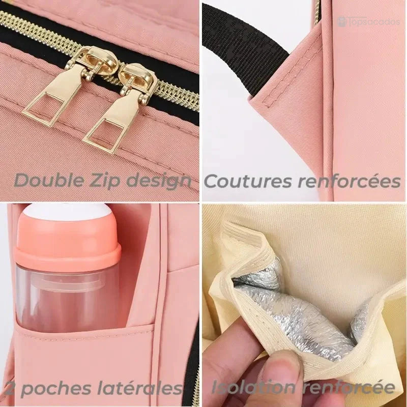 sac-a-dos-bebe-avec-son-prenom zoom sur les détails : double fermeture éclair, couture renforcée, poche latérale et isolation thermique