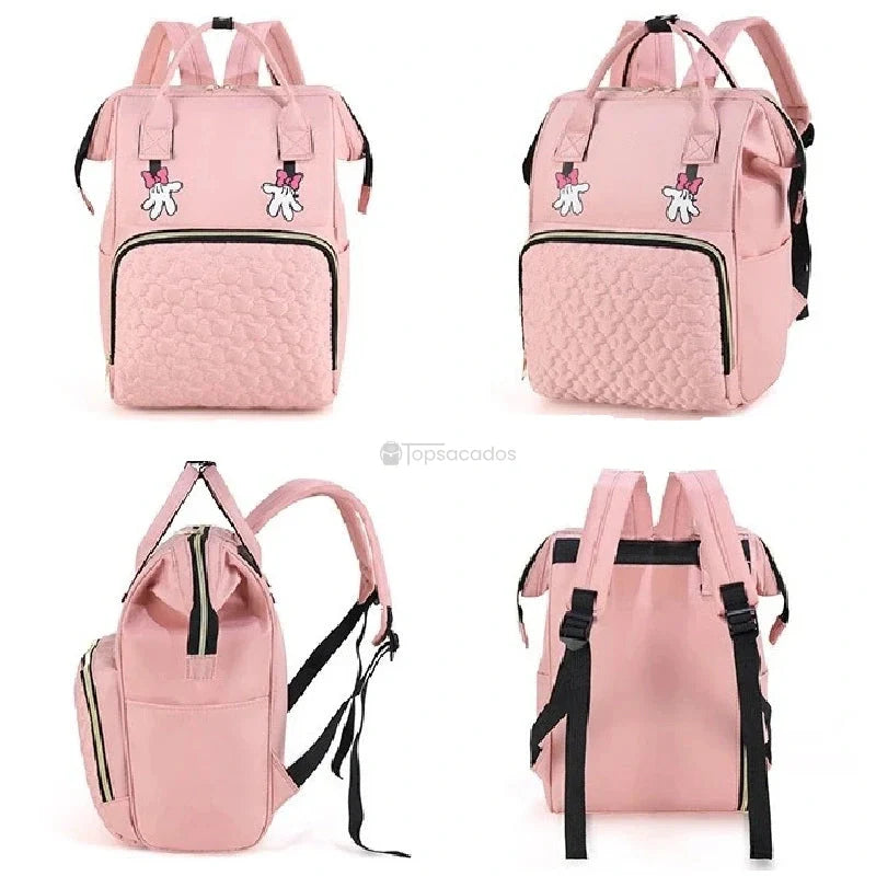 sac-a-dos-bebe-avec-son-prenom rose présenté sous différents angles : face, profil, dos et incliné