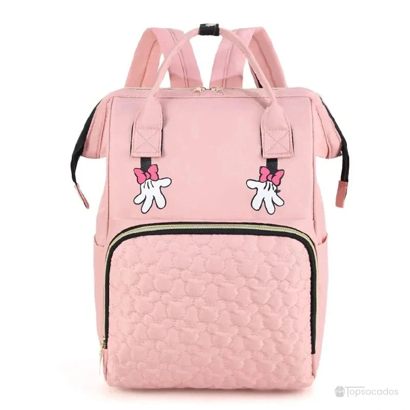 sac-a-dos-bebe-avec-son-prenom rose sans broderie, vu de face avec poches matelassées et décor de gants